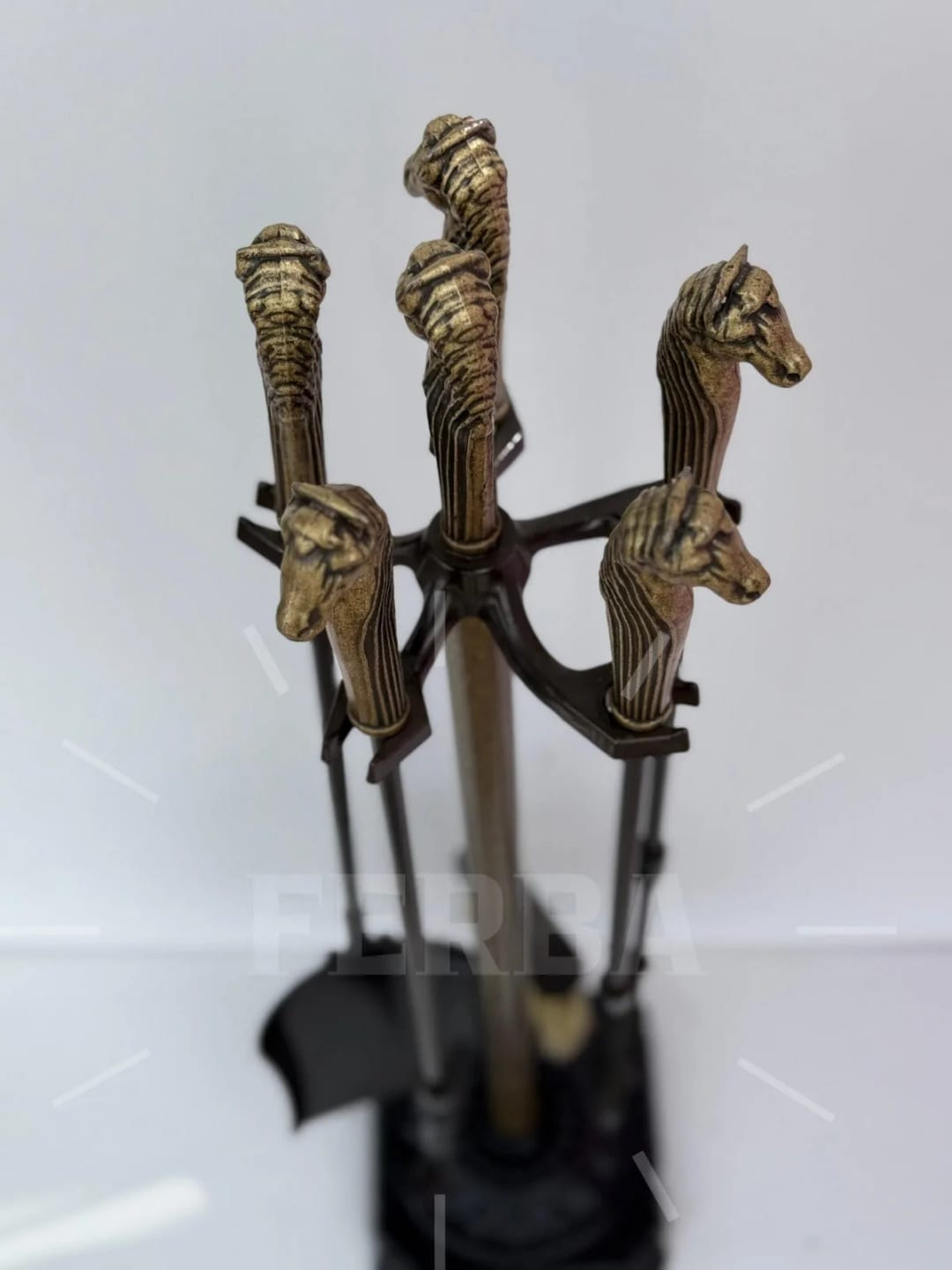 Antik Bronz At Figürlü Şömine Maşa Takımı