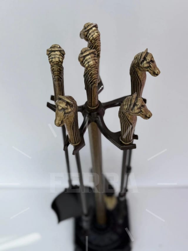 Antik Bronz At Figürlü Şömine Maşa Takımı